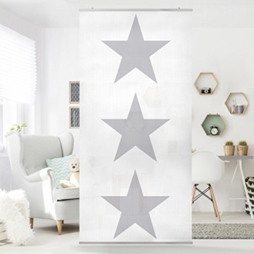 Flächenvorhang Set No.YK43 Stern weiß Sterne weiß Sternenhimmel Kinderzimmer Wohnzimmer Schlafzimmer 250x120cm | Schiebegardine Schiebevorhang Raumtrenner Vorhang Raumteiler Gardine Paravent Wandbild XXL Deko | Größe HxB: 250x120cm inkl. transparenter Halterung - 