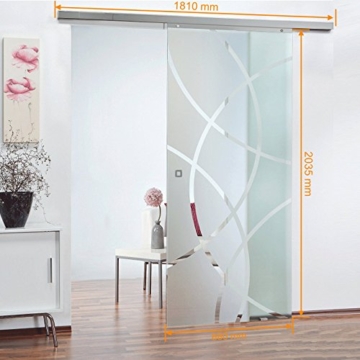 Glas-Schiebetür Schiebetür 880x2035mm - 8mm ESG Sicherheitsglas - Komplettset mit Beschlag, Griffen & Glastür (Kreisförmig satiniert + Quadratgriff) - 