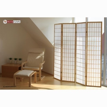 Homestyle4u 4 fach Paravent Raumteiler - Holz Trennwand Shoji in natur Reispapier weiß - 