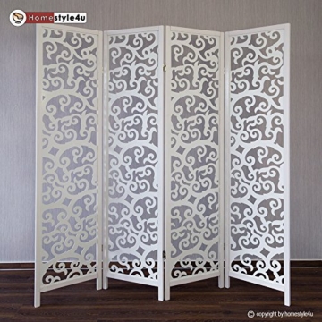 Homestyle4u 4 fach Paravent Raumteiler Holz Trennwand spanische Wand Sichtschutz Weiß - 