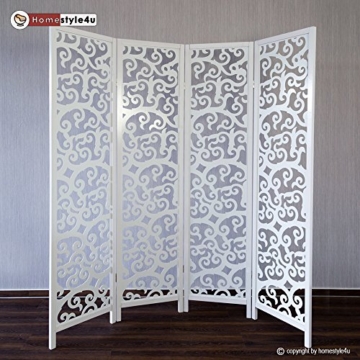 Homestyle4u 4 fach Paravent Raumteiler Holz Trennwand spanische Wand Sichtschutz Weiß - 