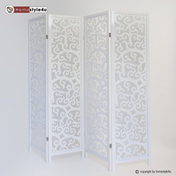 Homestyle4u 4 fach Paravent Raumteiler Holz Trennwand spanische Wand Sichtschutz Weiß - 