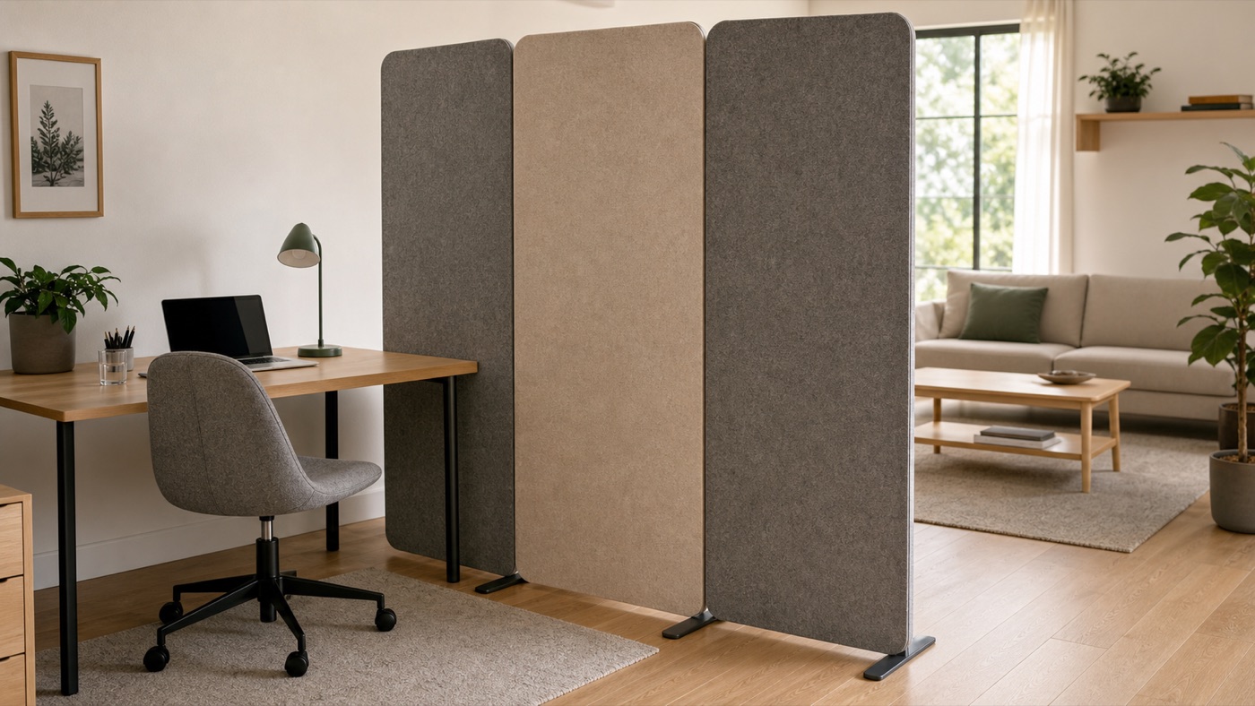 Grauer und beigefarbener Raumteiler aus Filz im Homeoffice
