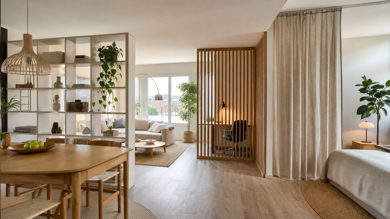 Raumteiler-Ideen mit Regal, Holzlamellen und Vorhang