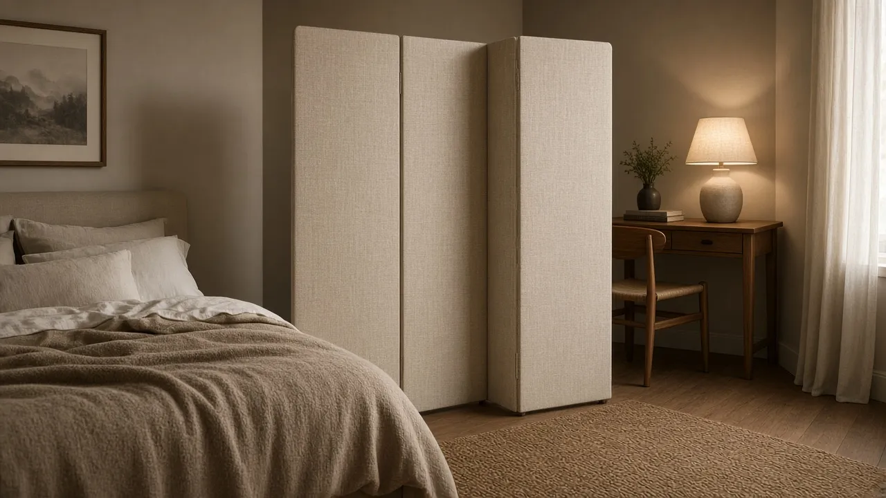 Schlafzimmer mit Stoff-Paravent, hinter dem ein schmaler Schreibtisch steht