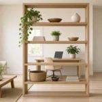 Helles Wohnzimmer mit offenem Holzregal als Raumteiler, dahinter ein Schreibtisch mit Laptop und Pflanze