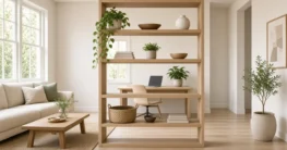 Helles Wohnzimmer mit offenem Holzregal als Raumteiler, dahinter ein Schreibtisch mit Laptop und Pflanze