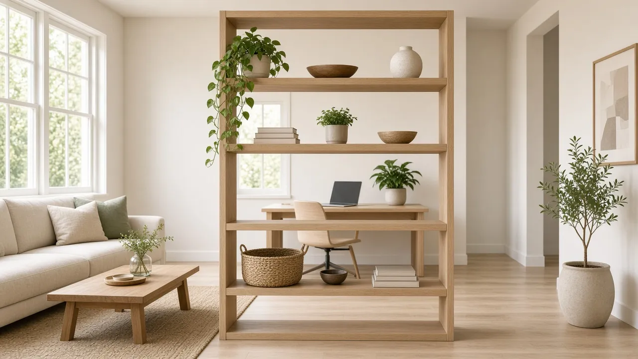 Helles Wohnzimmer mit offenem Holzregal als Raumteiler, dahinter ein Schreibtisch mit Laptop und Pflanze