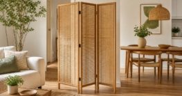 Dreiteiliger Raumteiler aus Rattan in einem hellen Wohnraum