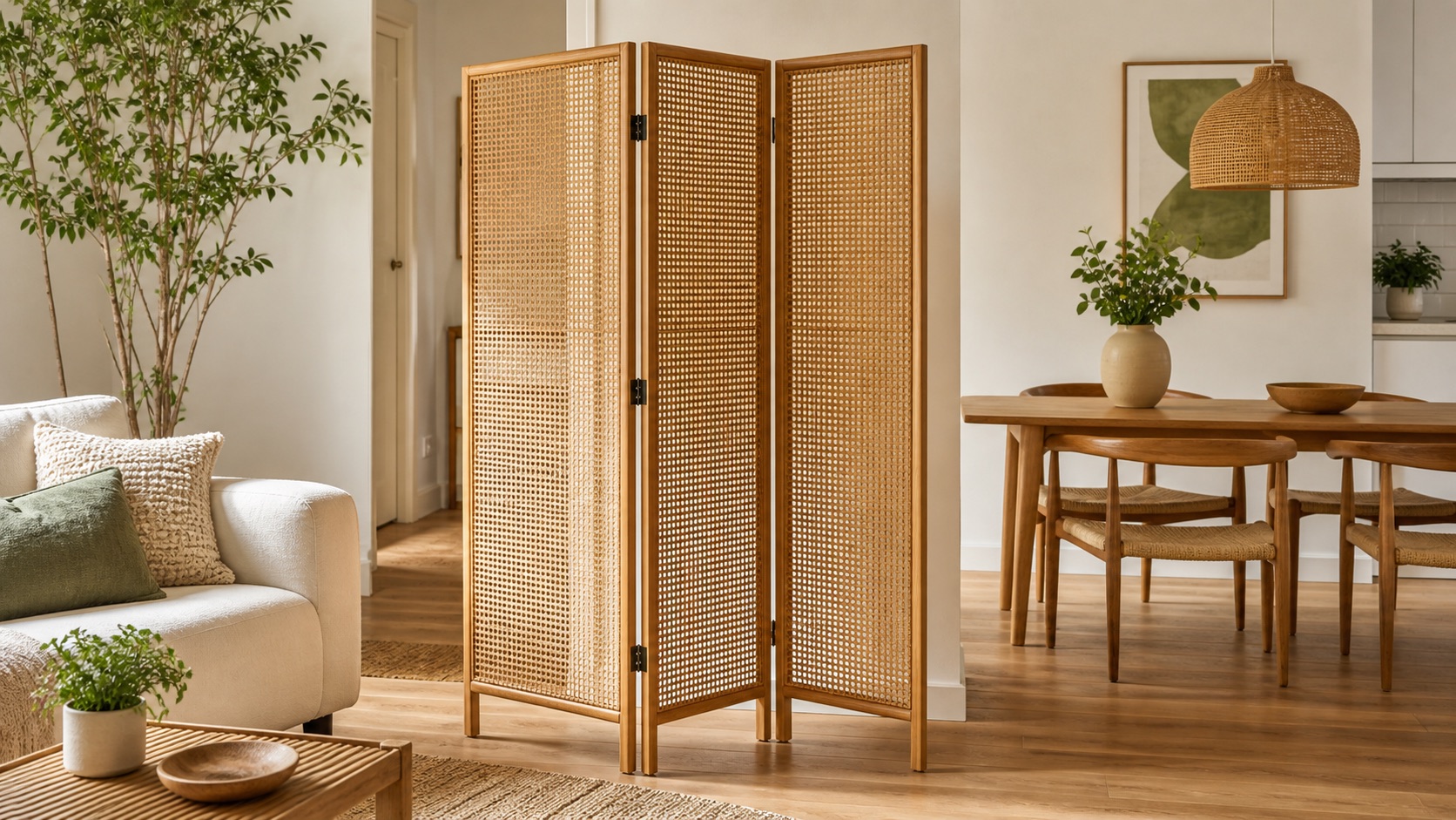 Dreiteiliger Raumteiler aus Rattan in einem hellen Wohnraum