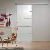 Schiebetür Glas-Schiebetür Zimmertür 880x2035mm Innentür Komplettset mit Laufschiene & Glastür (Blockstreifen satiniert + Griffknopf) -